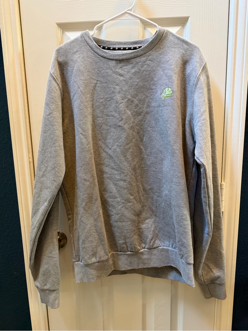Men's Gray Crewneck Sweatshirt with Small Green Leaf Accent 100% cotton